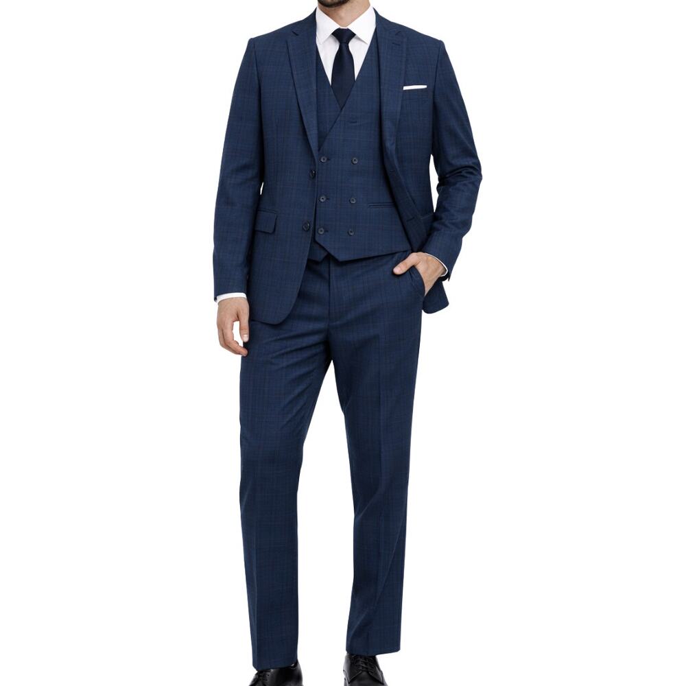 Statement Navy Blue Plaid 3 Piece Suit Blazer Pants Vest Size 40R 34R NEW Tags